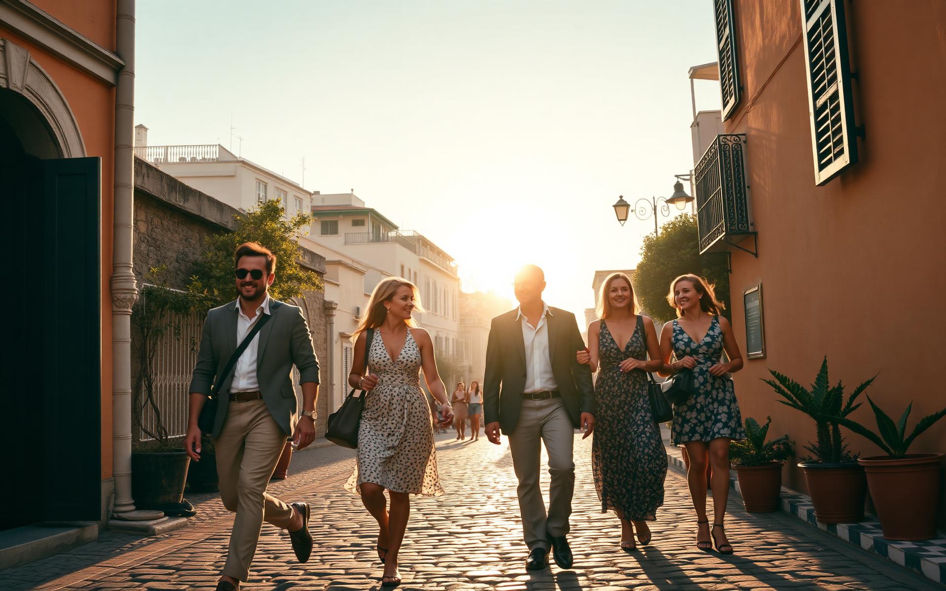 Small group of travellers exploring a European destination with their host